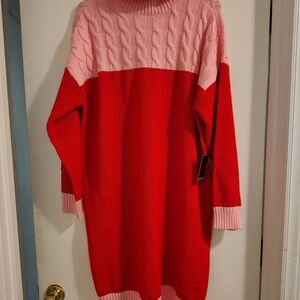 Red and Pink Cable Knit Sweater Dress